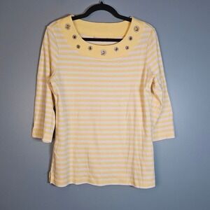 Quacker Factory Yellow White Stripe Boat Neck Shirt Top Women's Size 8